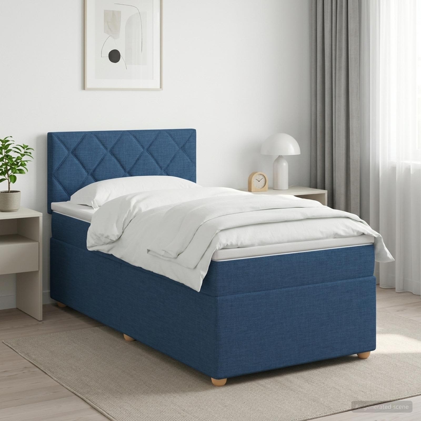 Boxmadras med topmadras med hovedgrde Bl 100 x 200 cm Stof