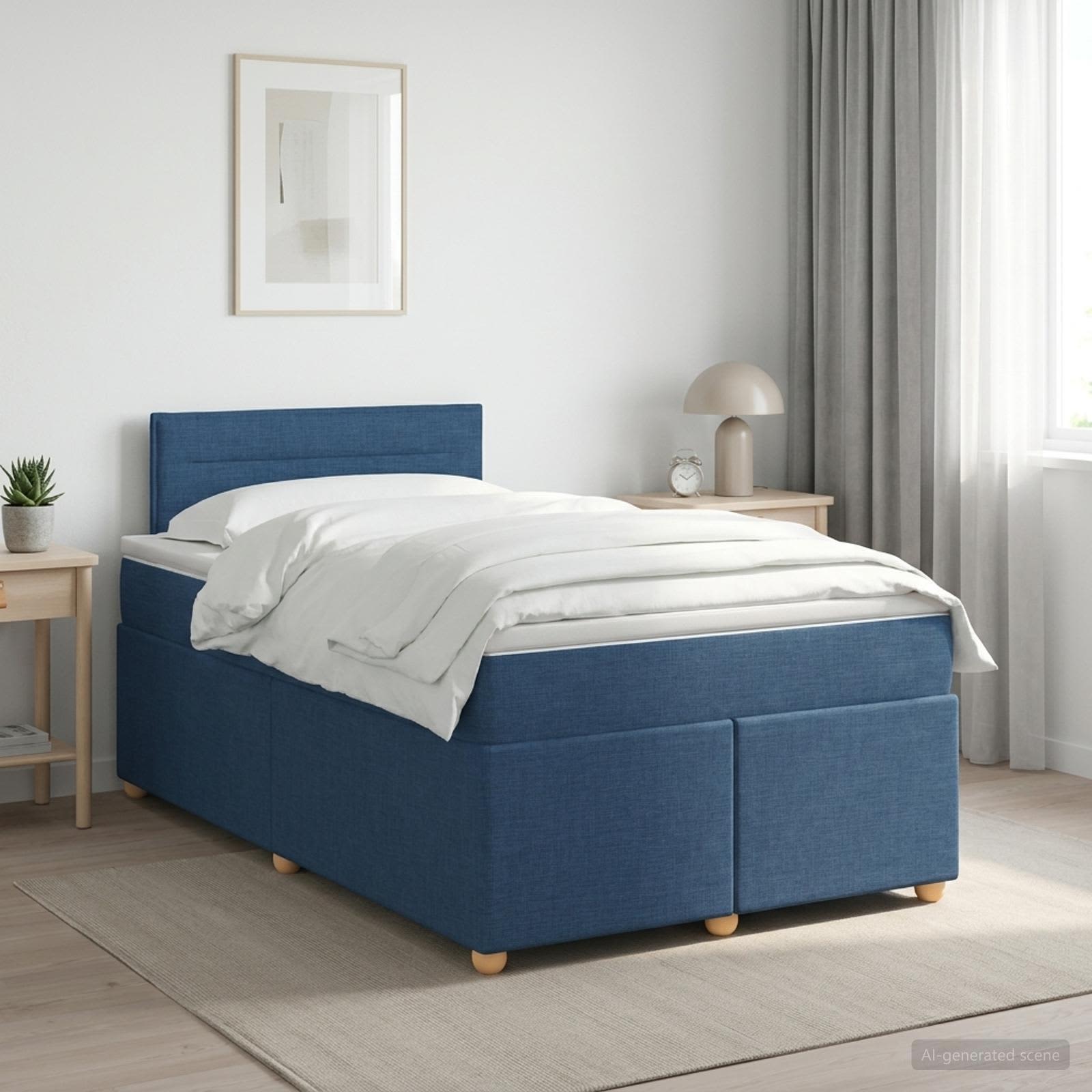 Boxmadras med topmadras med hovedgrde Bl 120 x 190 cm Stof