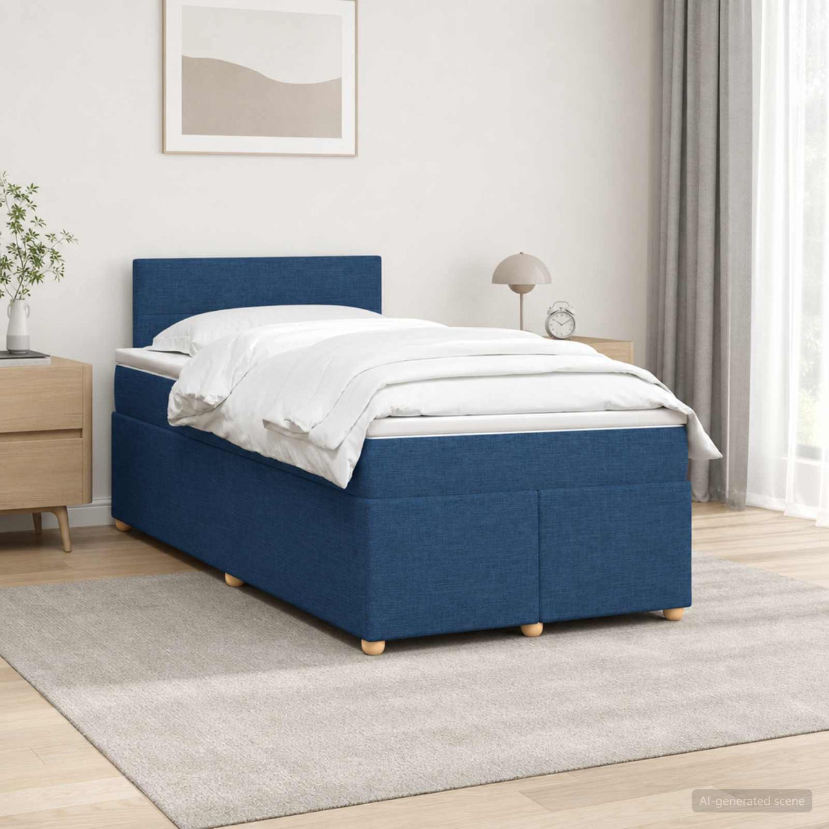 Boxmadras med topmadras med hovedgrde Bl 120 x 190 cm Stof