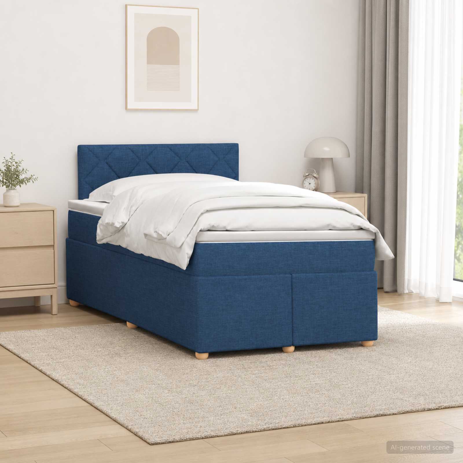 Boxmadras med topmadras med hovedgrde Bl 120 x 200 cm Stof