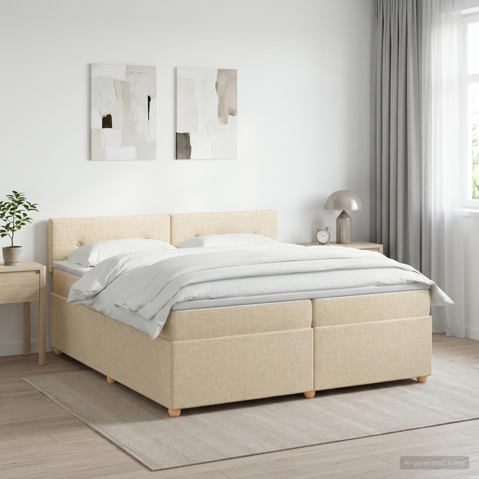 Boxspring seng med medium fast madras og topmadras 200 x 200 cm - cremefarvet stof