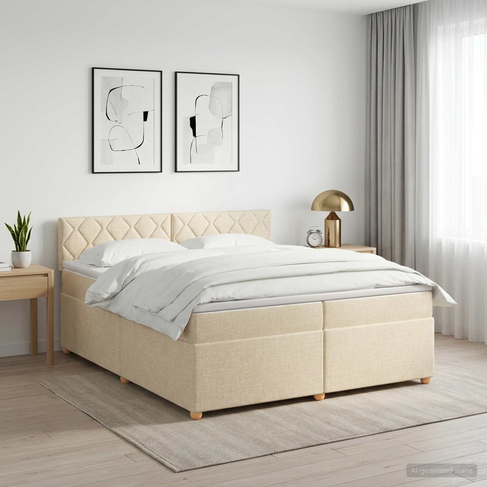 Kontinentalseng med topmadras 200 x 200 cm i cremefarvet stof