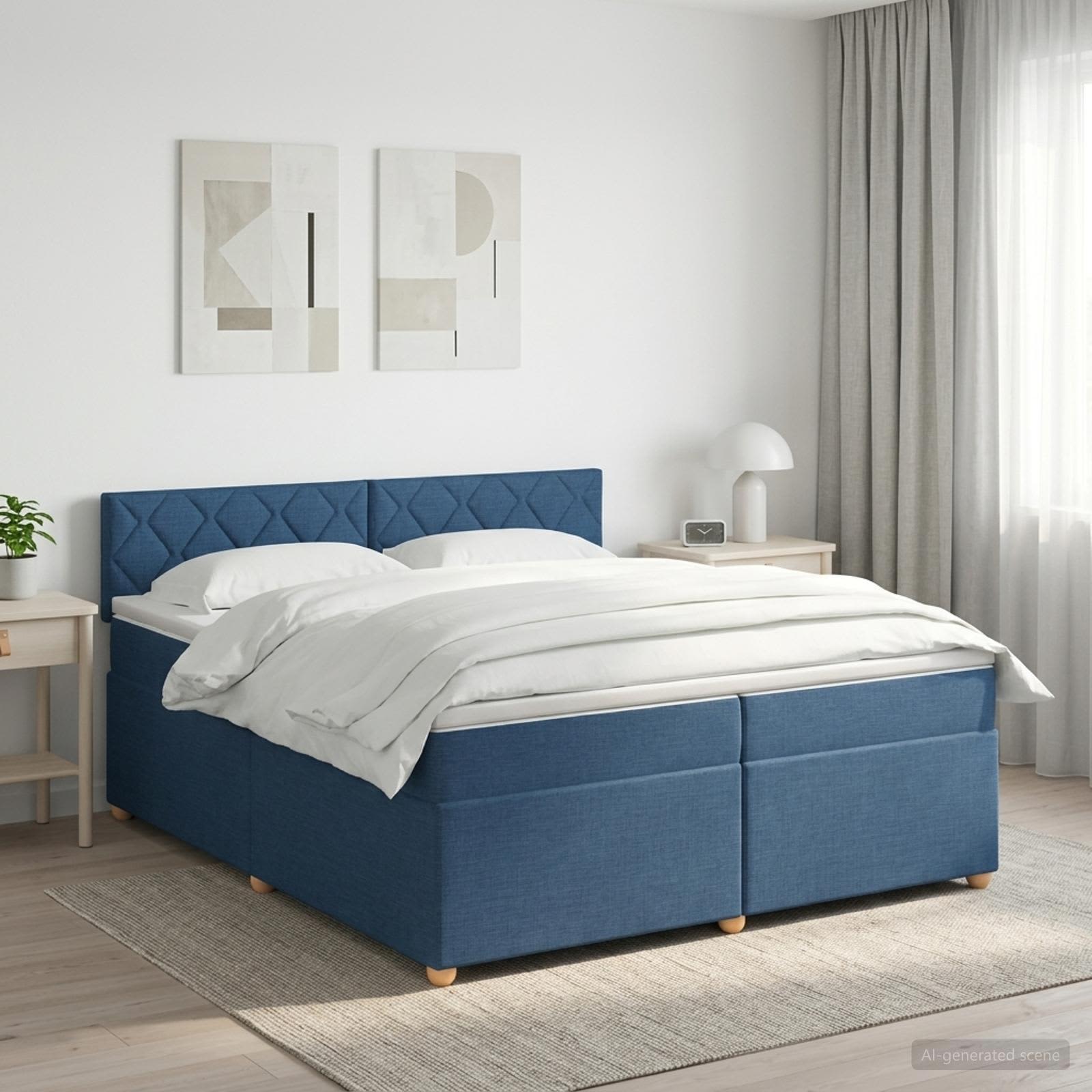 Boxmadras med topmadras med hovedgrde Bl 200 x 200 cm Stof