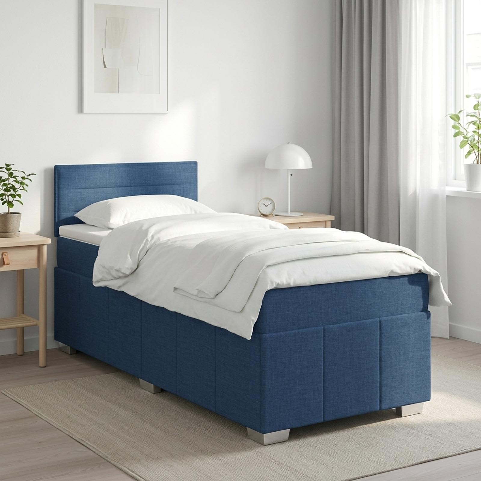 Boxmadras med topmadras med hovedgrde Bl 100 x 200 cm Stof