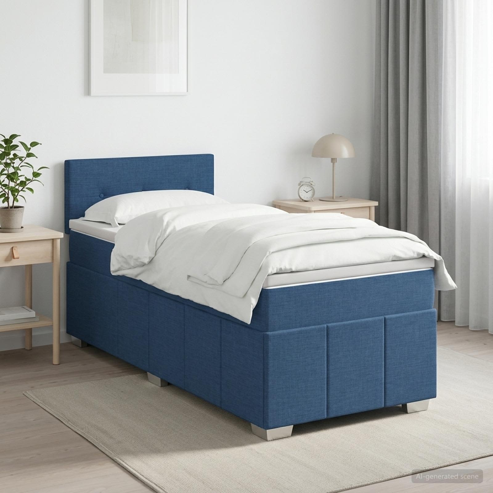 Boxmadras med topmadras med hovedgrde Bl 100 x 200 cm Stof