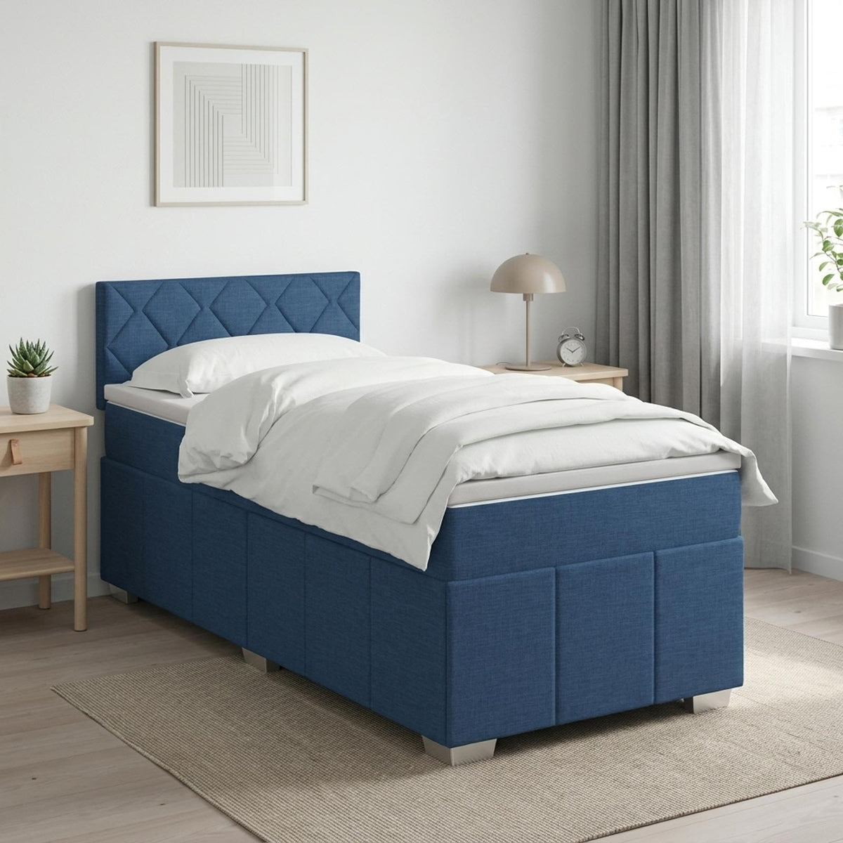 Boxmadras med topmadras med hovedgrde Bl 100 x 200 cm Stof