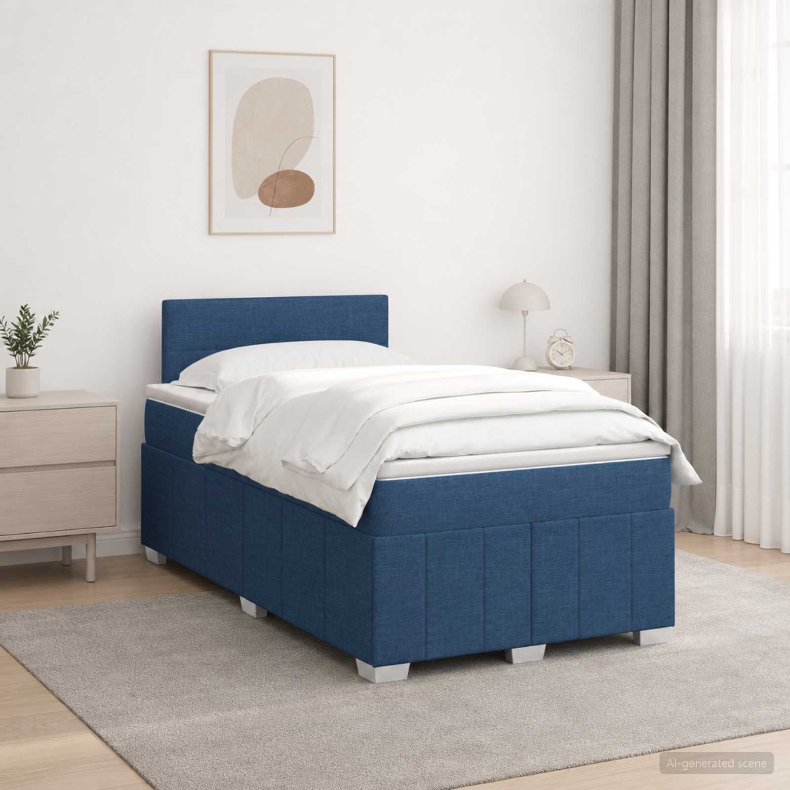 Boxmadras med topmadras med hovedgrde Bl 120 x 200 cm Stof