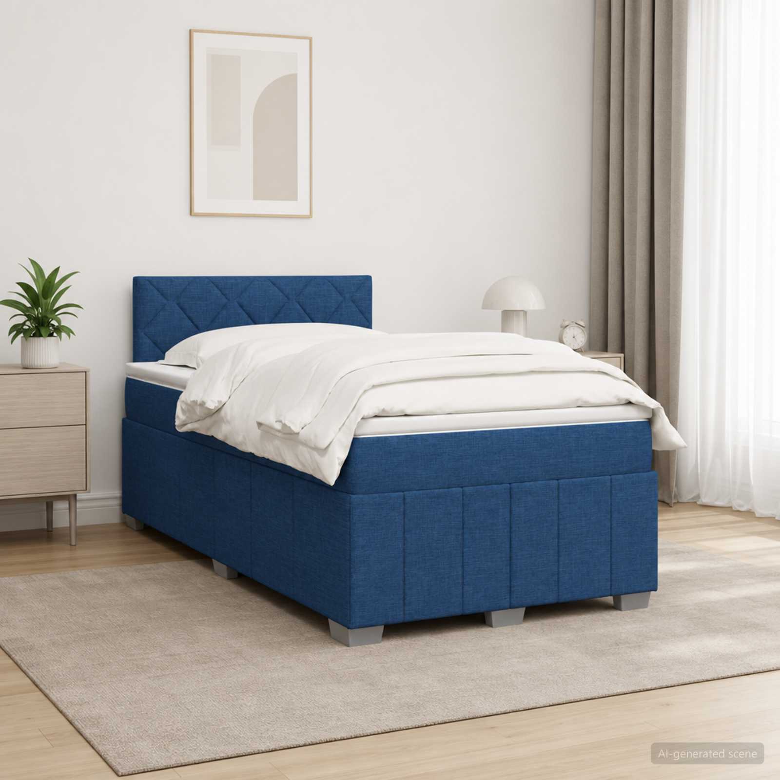 Boxmadras med topmadras med hovedgrde Bl 120 x 200 cm Stof