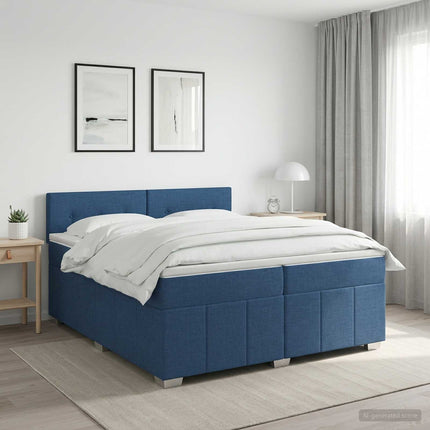 Boxmadras med topmadras med hovedgærde Blå 200 x 200 cm Stof