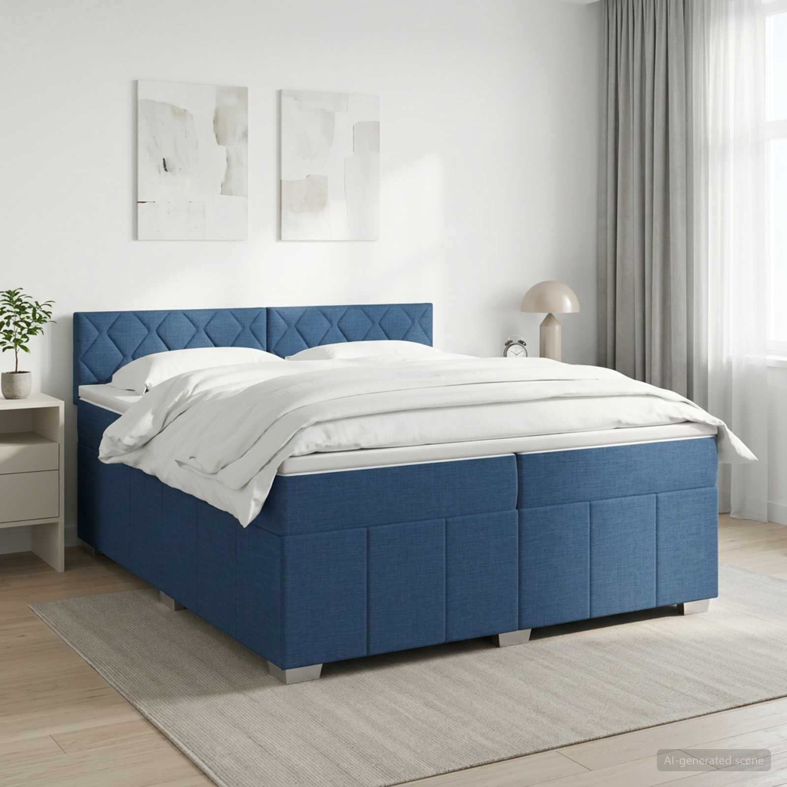 Boxmadras med topmadras med hovedgrde Bl 200 x 200 cm Stof