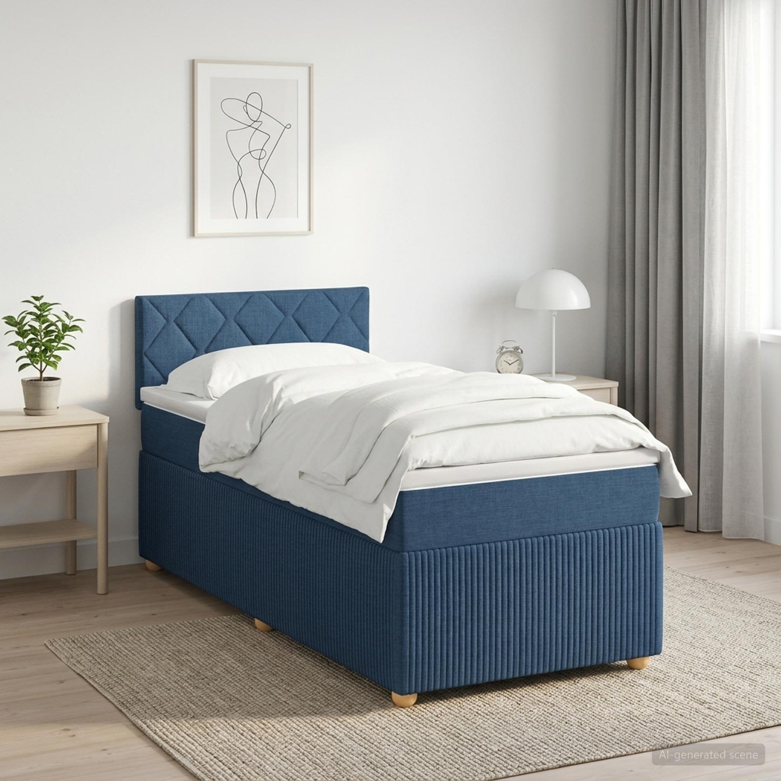 Boxmadras med topmadras med hovedgrde Bl 100 x 200 cm Stof