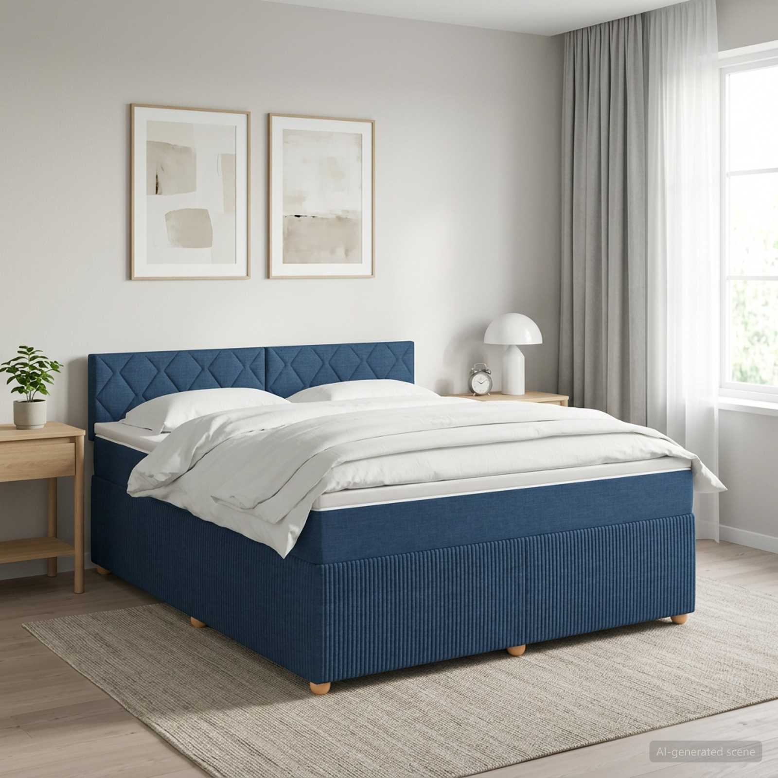 Boxmadras med topmadras med hovedgrde Bl 160 x 200 cm Stof