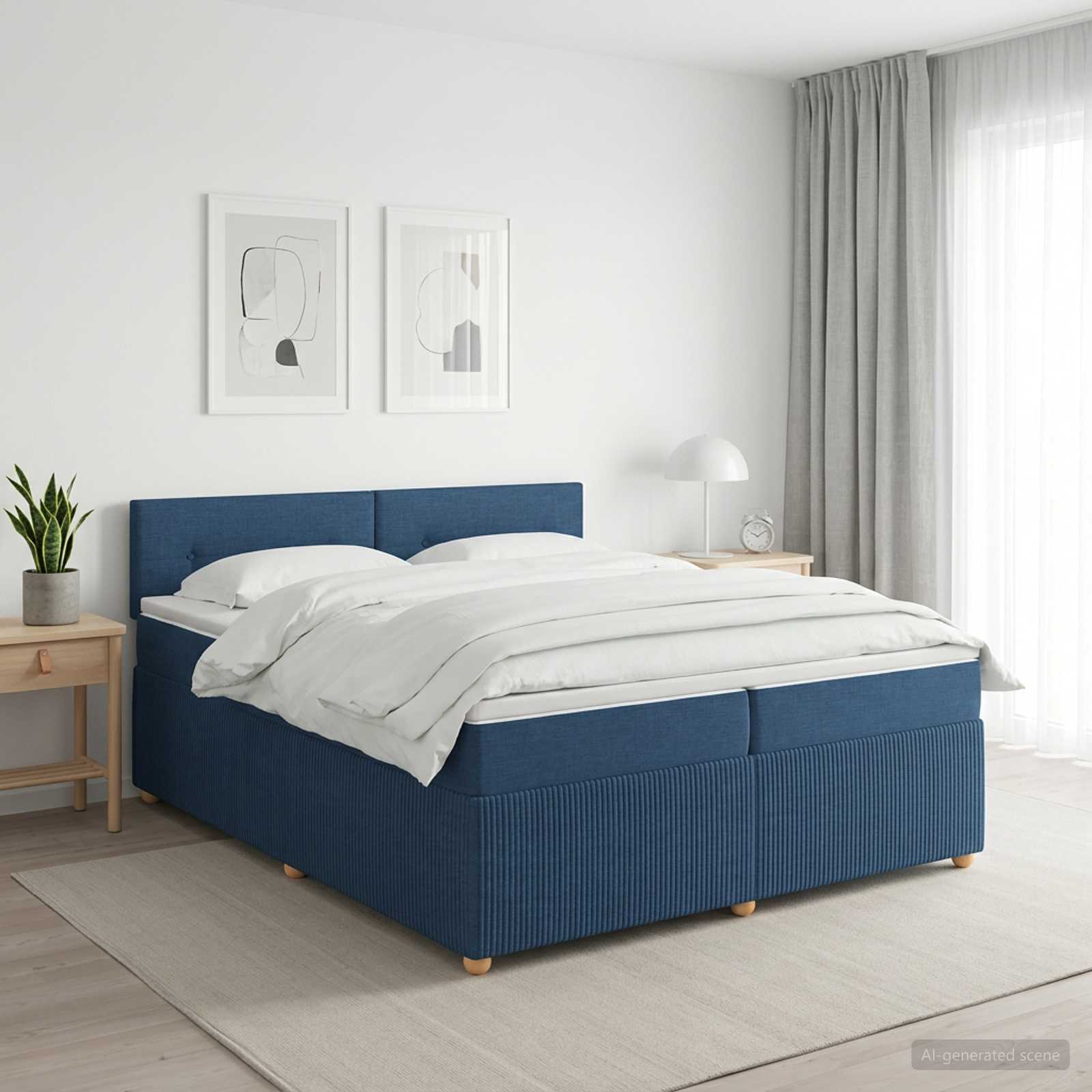 Boxmadras med topmadras med hovedgrde Bl 200 x 200 cm Stof