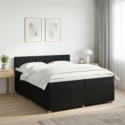 Boxmadras med topmadras med hovedgærde Sort 200 x 200 cm Stof