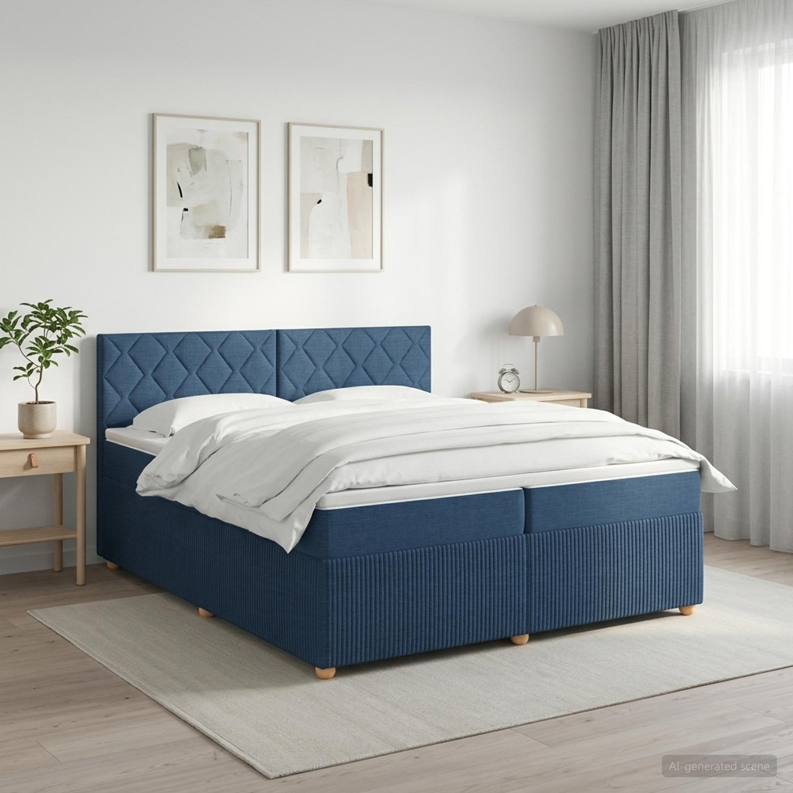 Boxmadras med topmadras med hovedgrde Bl 200 x 200 cm Stof