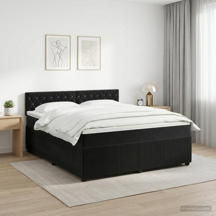 Boxmadras med topmadras med hovedgærde Sort 180 x 200 cm Fløjl