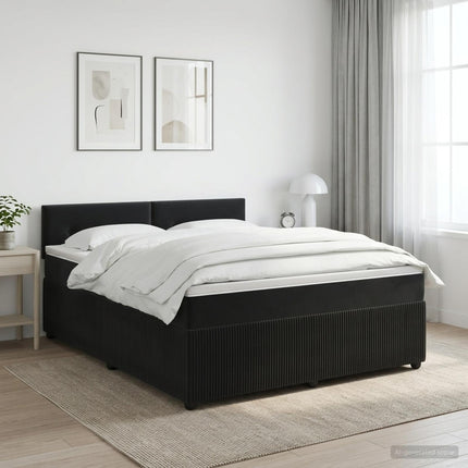 Boxmadras med topmadras med hovedgærde Sort 160 x 200 cm Fløjl