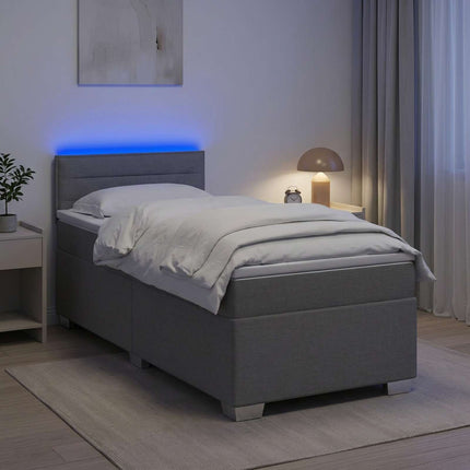 Box Spring Seng med Madras og LED Lysegrå 90 x 190 cm Stof