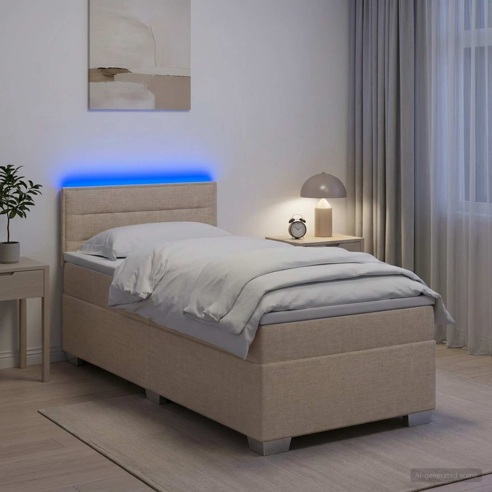 Box Spring Seng med Madras og LED Cremefarvet 80 x 200 cm Stof