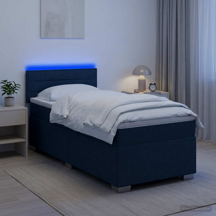 Box Spring Seng med Madras og LED Blå 100 x 200 cm Stof