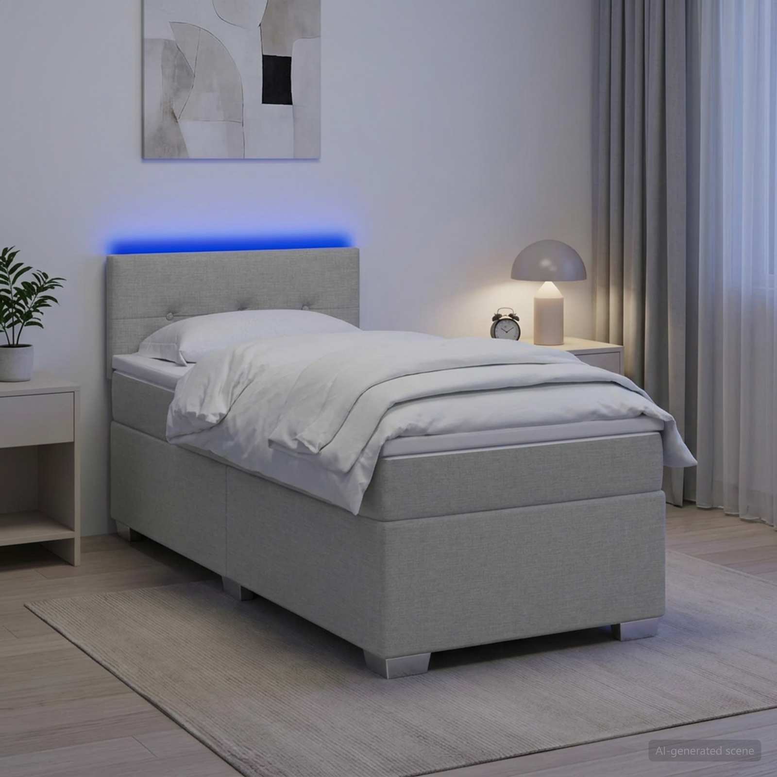 Box Spring Seng med Madras og LED Lysegr 90 x 200 cm Stof