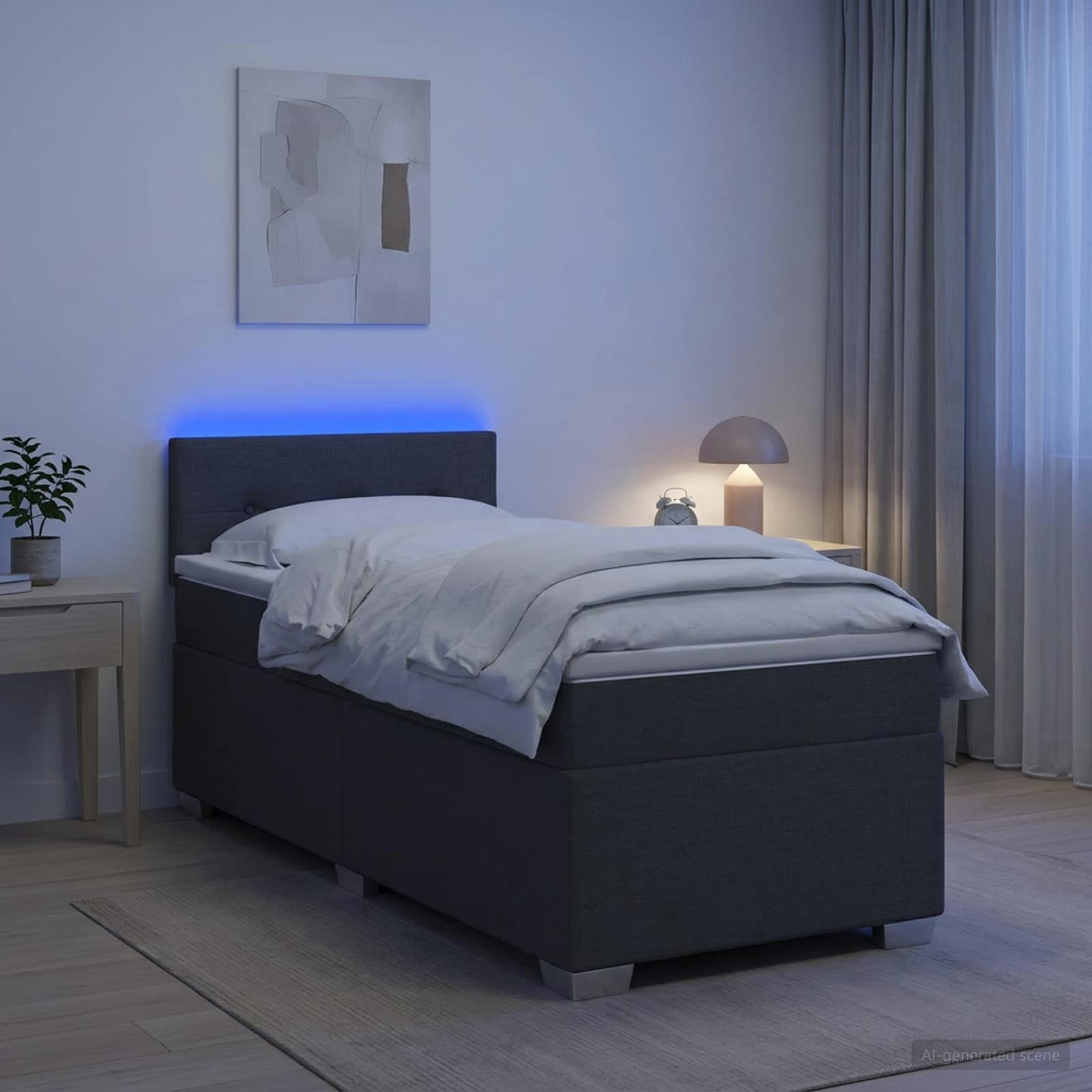 Box Spring Seng med Madras og LED Mrkegr Enkelt Stof