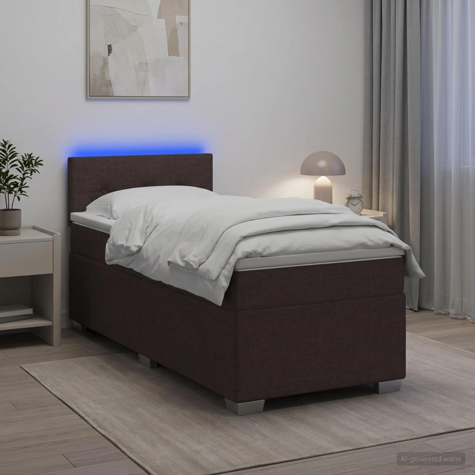 Kontinentalseng med madras og LED-lys 80 x 200 cm mørk brun stof