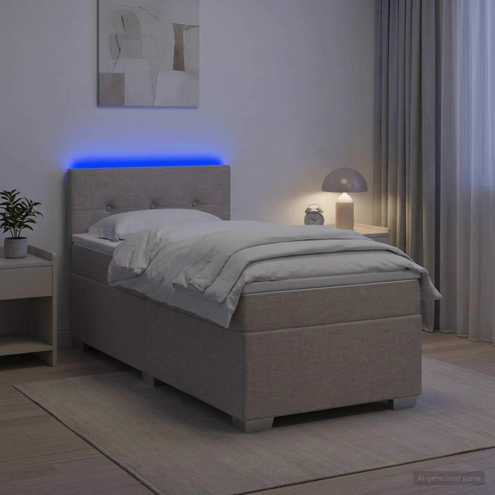 Box Spring Seng med Madras og LED Gråbrun 90 x 200 cm Stof