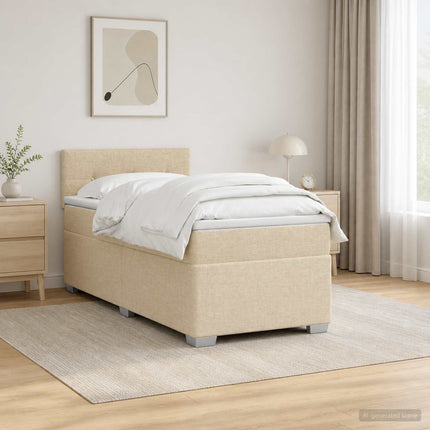 Box Spring Seng med Madras og LED Cremefarvet 90 x 200 cm Stof