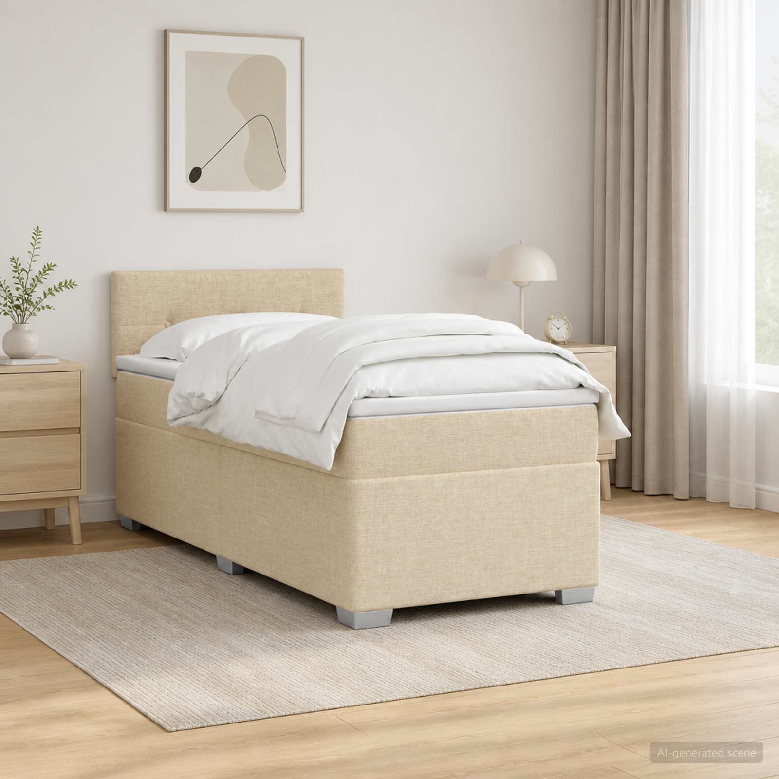 Box Spring Seng med Madras og LED Cremefarvet 90 x 190 cm Stof