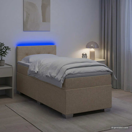 Box Spring Seng med Madras og LED Cremefarvet 90 x 200 cm Stof