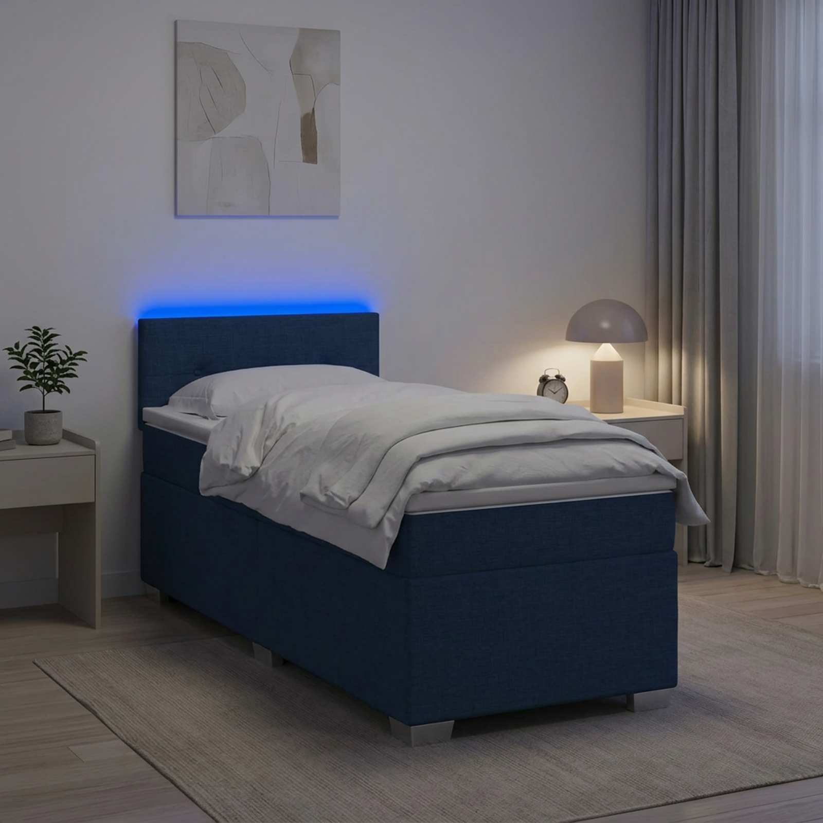 Box Spring Seng med Madras og LED Bl 90 x 190 cm Stof