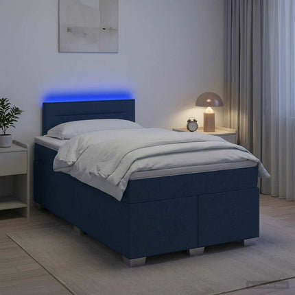 Box Spring Seng med Madras og LED Blå 120 x 200 cm Stof