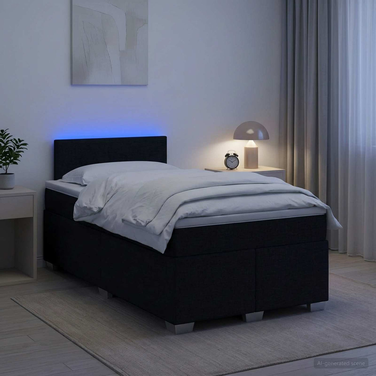 Box Spring Seng med Madras og LED Sort 120 x 200 cm Stof
