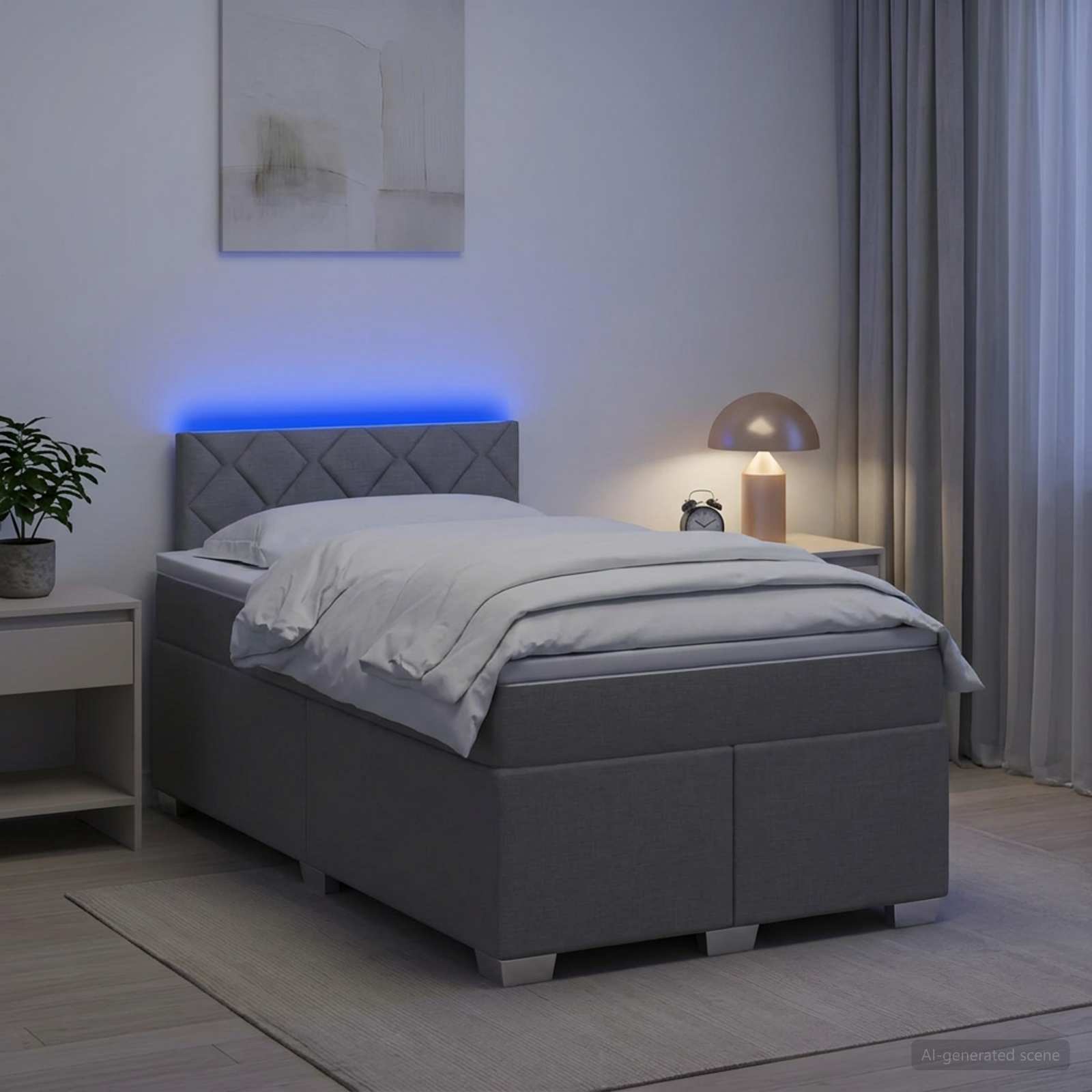 Box Spring Seng med Madras og LED Lysegr 120 x 200 cm Stof