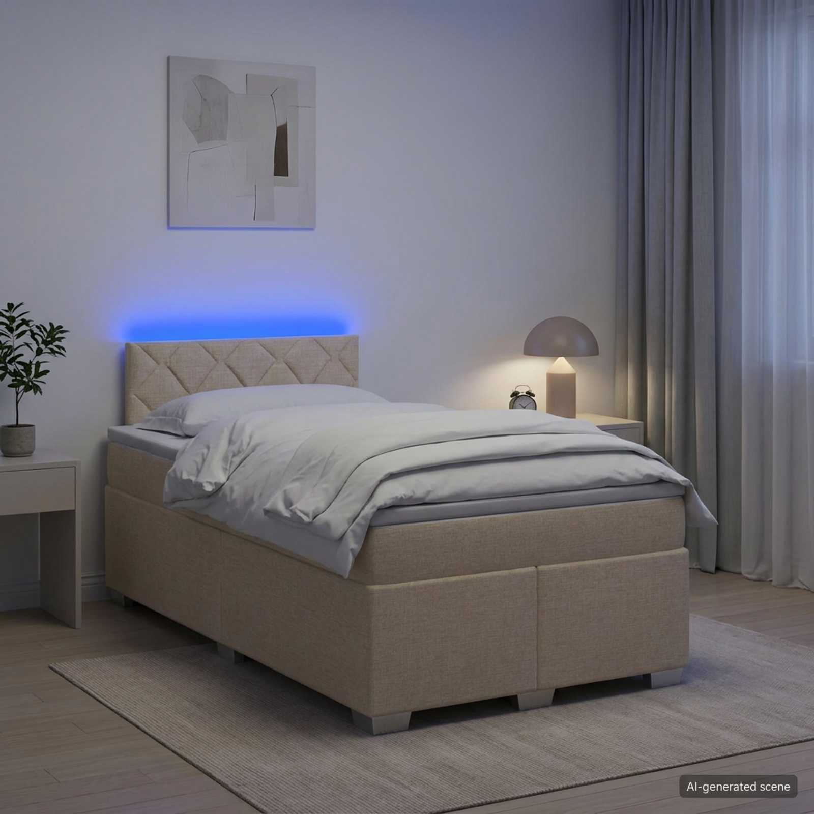 Box Spring Seng med Madras og LED Cremefarvet 120 x 200 cm Stof