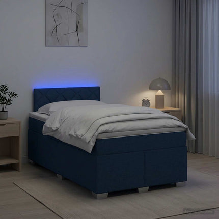 Box Spring Seng med Madras og LED Blå 120 x 200 cm Stof