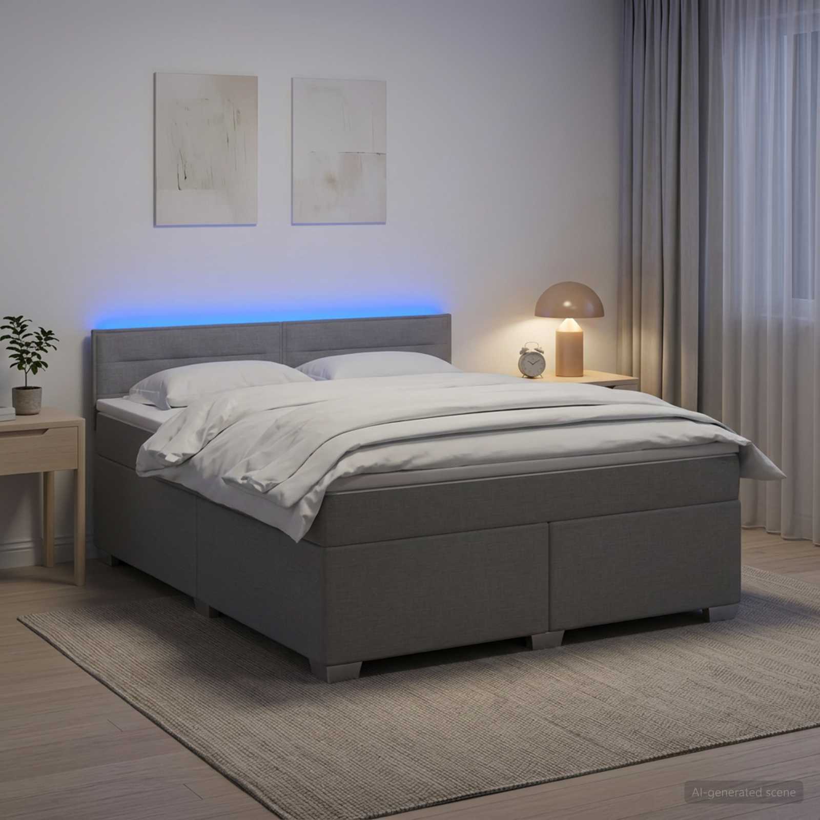 Box Spring Seng med Madras og LED Lysegr 140 x 200 cm Stof
