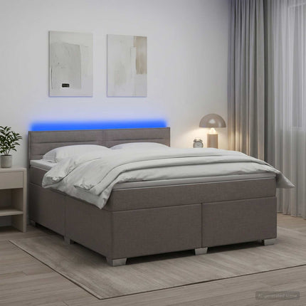 Box Spring Seng med Madras og LED Gråbrun 140 x 200 cm Stof