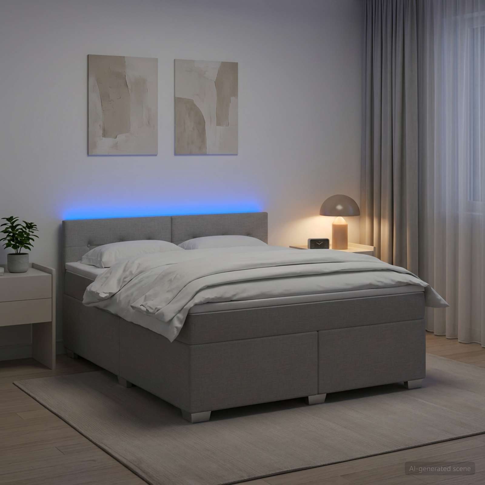 Box Spring Seng med Madras og LED Lysegrå 160 x 200 cm Stof