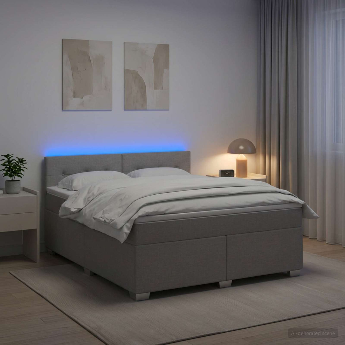Box Spring Seng med Madras og LED Lysegr 180 x 200 cm Stof