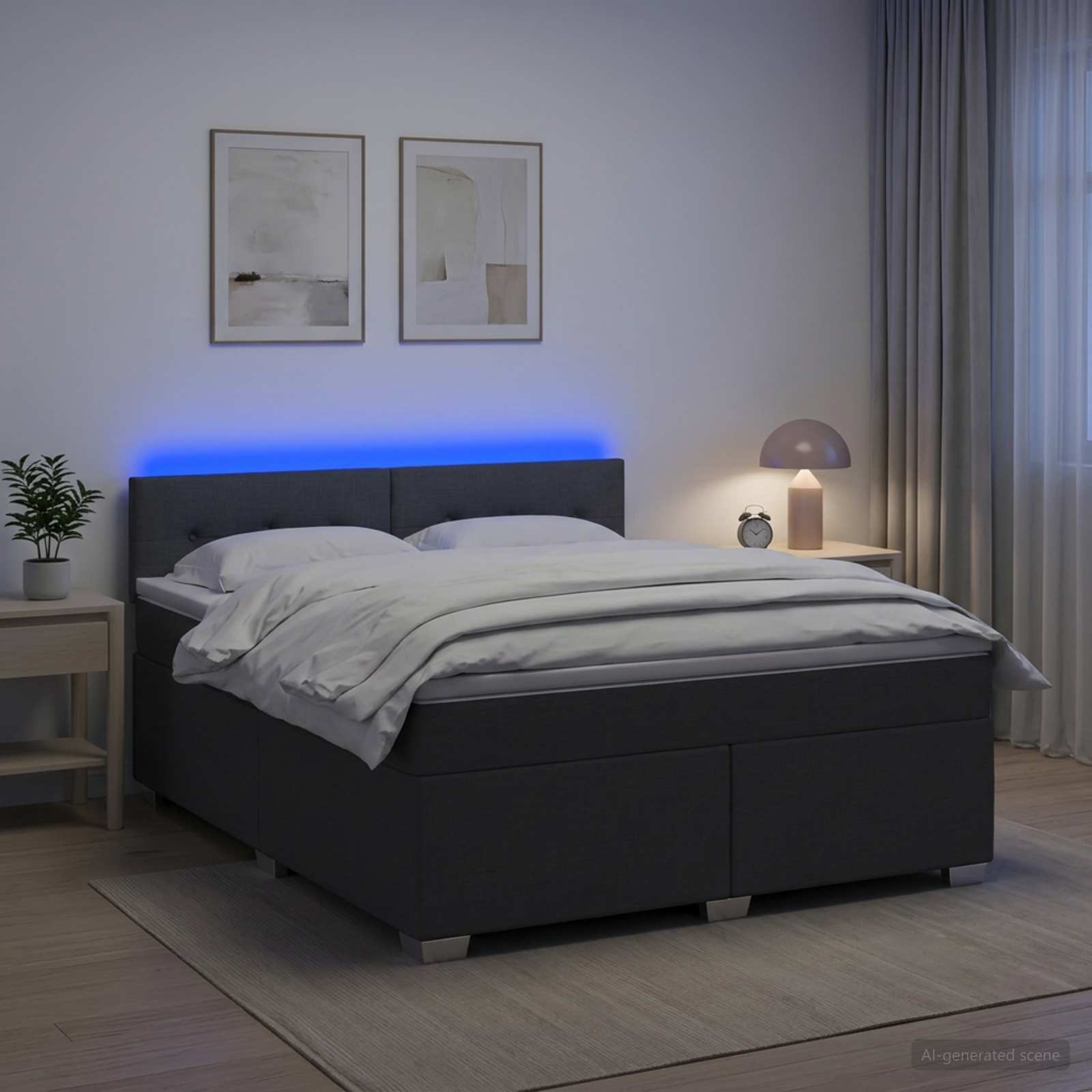 Box Spring Seng med Madras og LED Mørkegrå 160 x 200 cm Stof