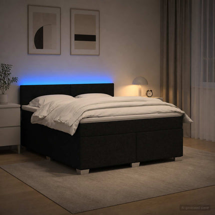 Box Spring Seng med Madras og LED Sort 180 x 200 cm Stof