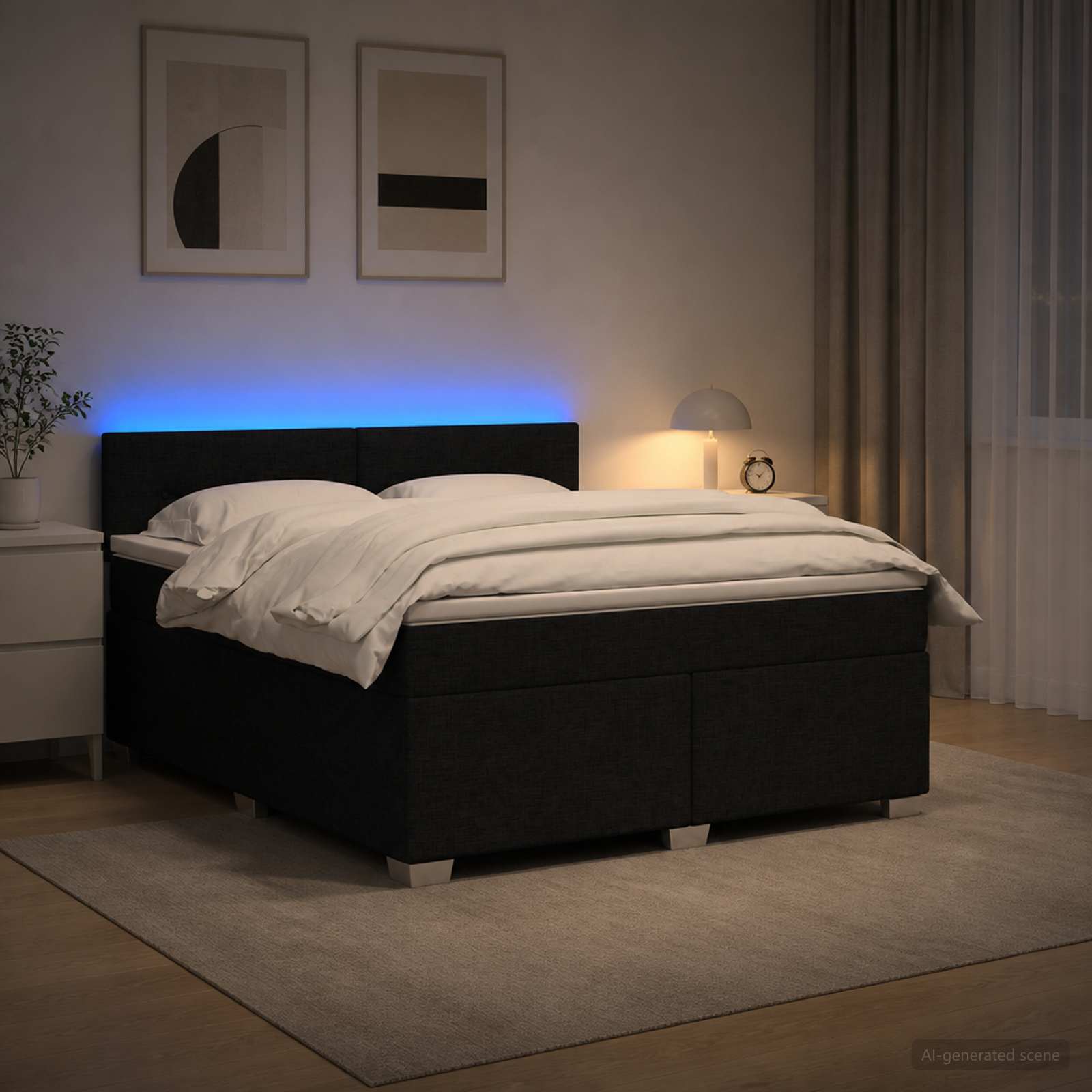 Box Spring Seng med Madras og LED Sort 180 x 200 cm Stof