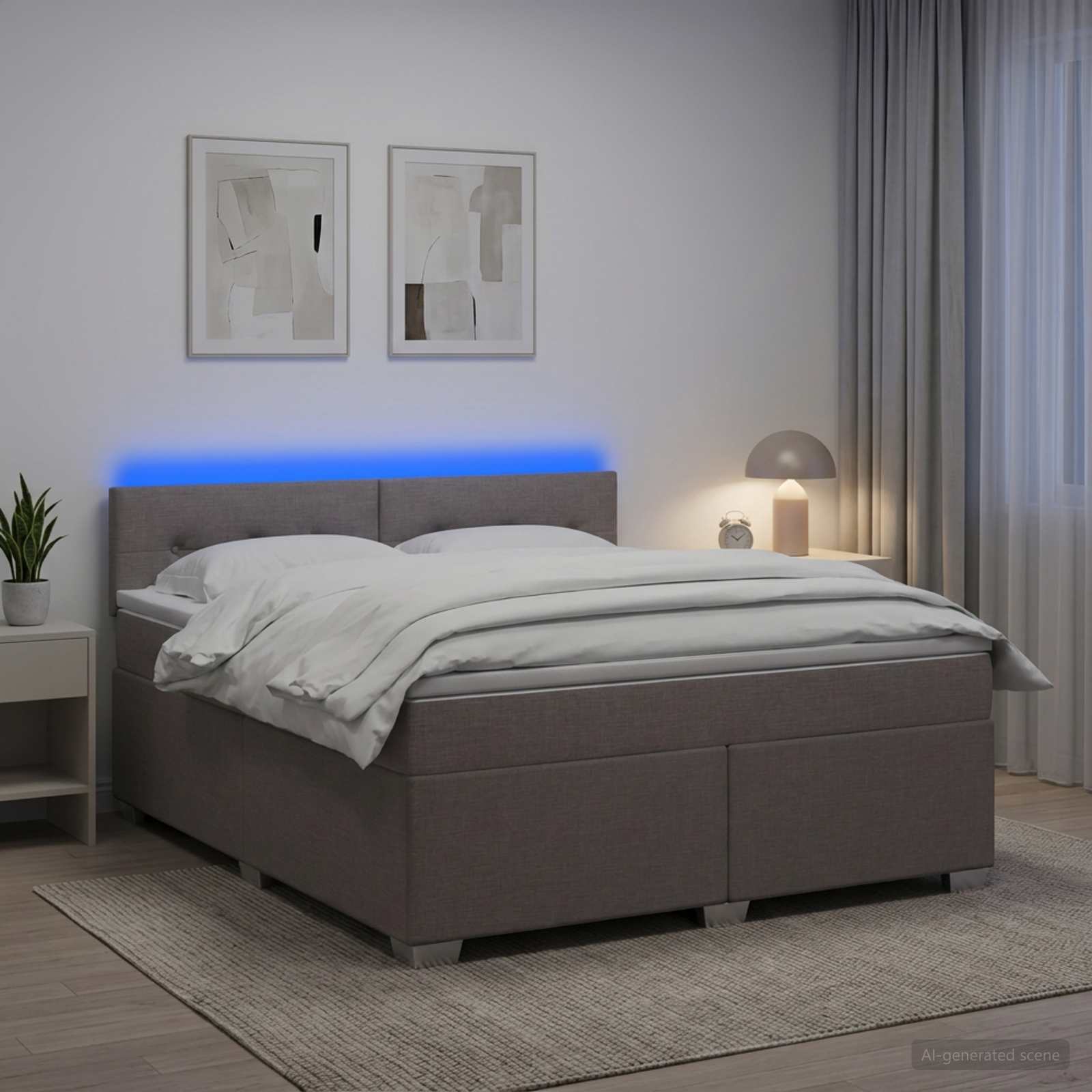 Box Spring Seng med Madras og LED Grbrun 140 x 190 cm Stof