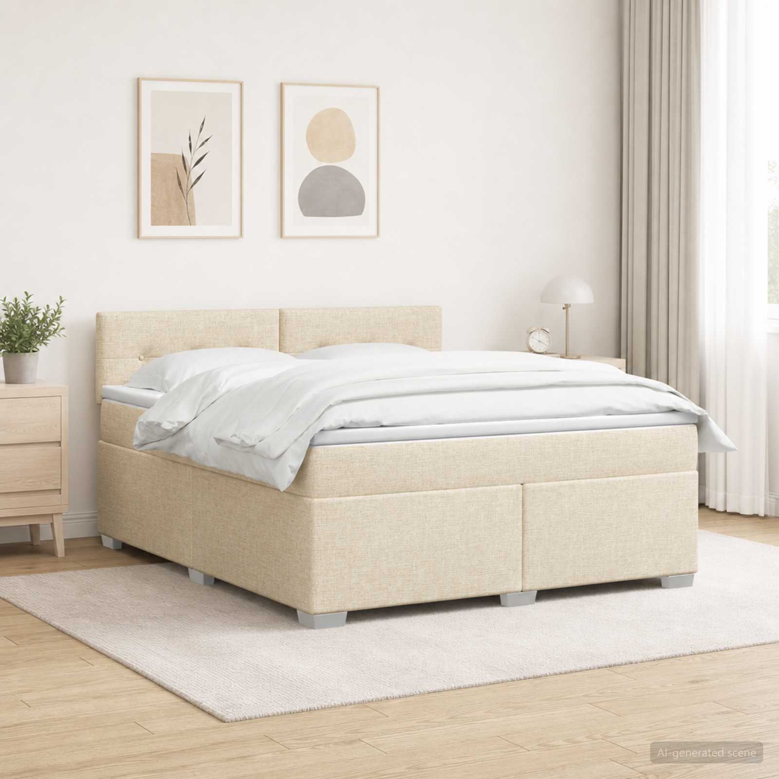 Box Spring Seng med Madras og LED Cremefarvet 140 x 190 cm Stof