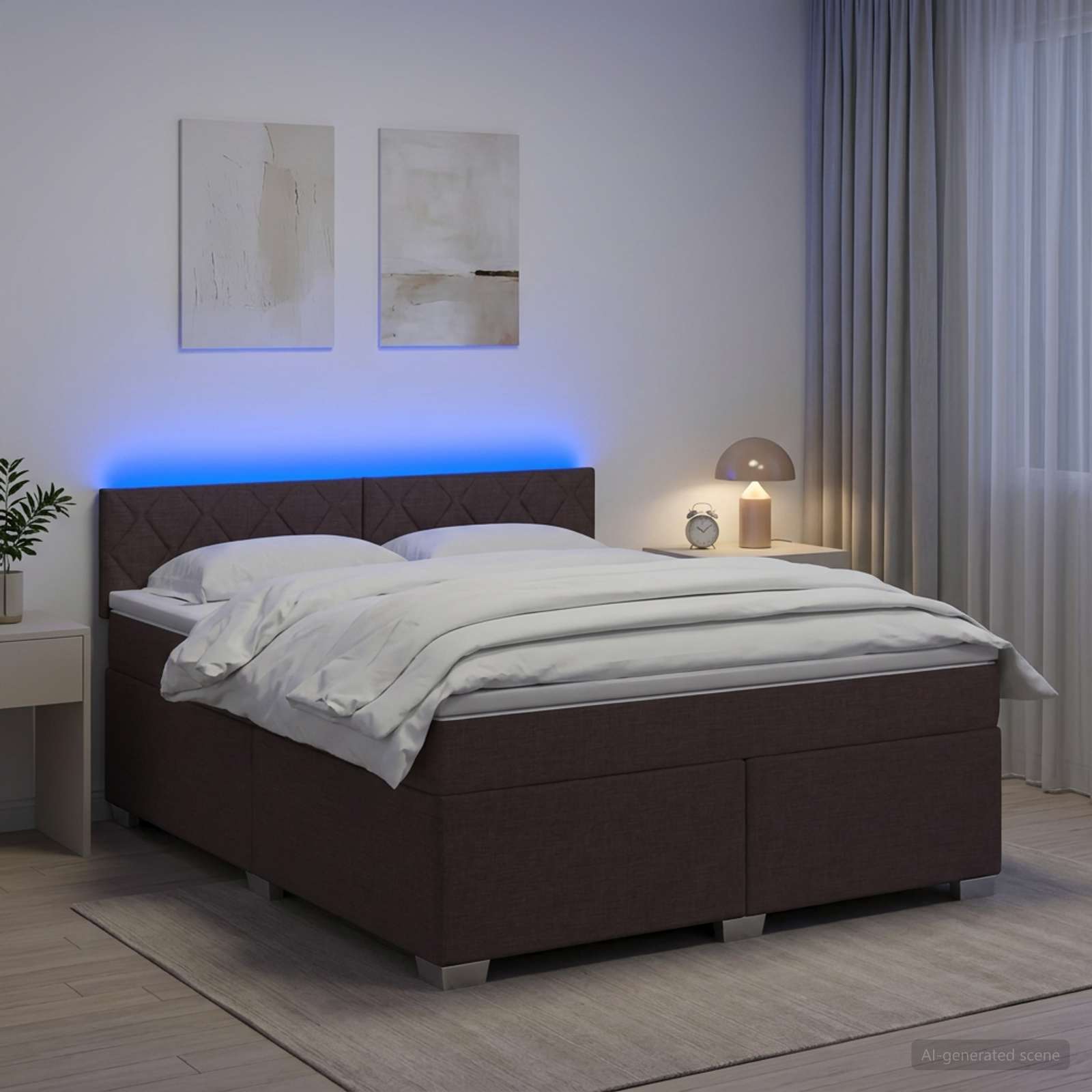 Box Spring Seng med Madras og LED Mrk Brun 160 x 200 cm Stof