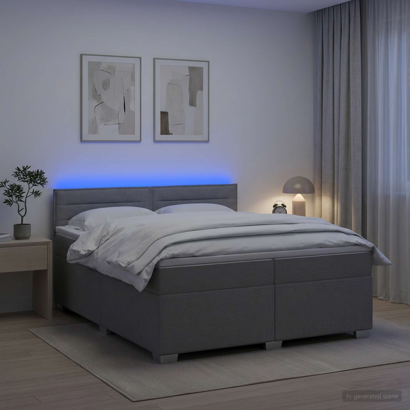 Box Spring Seng med Madras og LED Lysegr 200 x 200 cm Stof