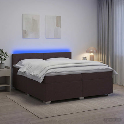 Box Spring Seng med Madras og LED Mørk Brun 200 x 200 cm Stof