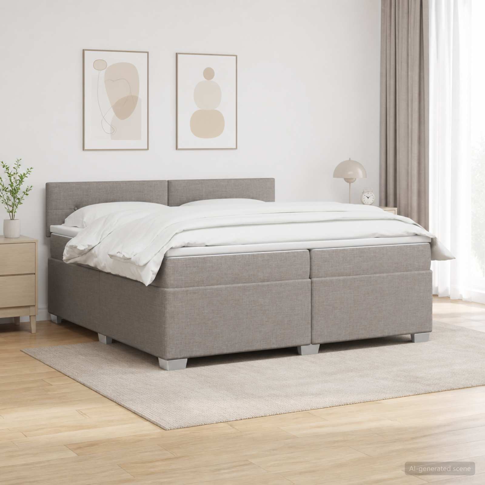 Box Spring Seng med Madras og LED Gråbrun 200 x 200 cm Stof
